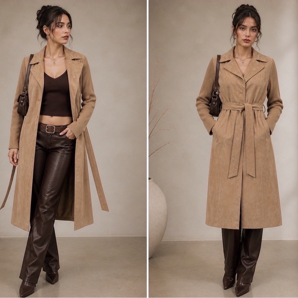 Vintage Y2K Mustard Seed Leather Suede Trench Coat Womens Small Tan Long Jacket
